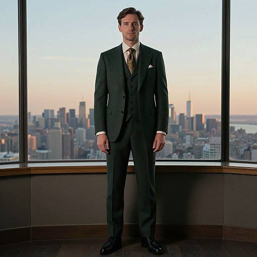 Photograph of a serious-looking man in a dark suit, white shirt, and gold tie, standing in front of a city skyline view through large windows