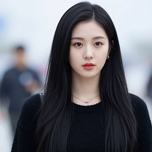 Photograph of an Asian woman with long black hair, fair skin, red lipstick, black sweater, and small gold necklace, blurred background.