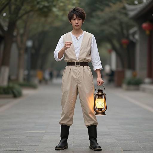 Young Asian man in white shirt and beige pants holds lantern, standing on empty street with blurred trees in background. Photograph.