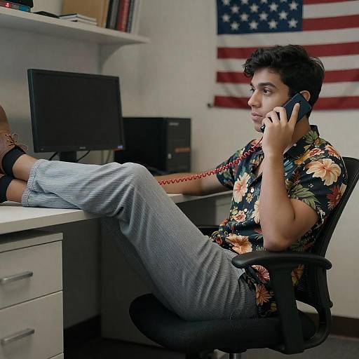Young Man Talking on Phone in Office