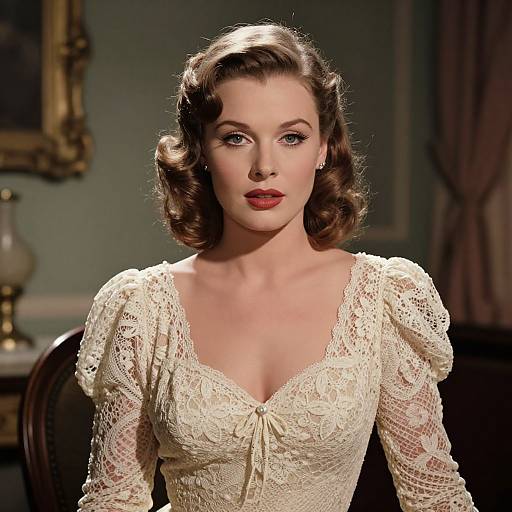 Photograph of a fair-skinned, 1940s-styled woman with curled brown hair, wearing a white lace dress with puffed sleeves,