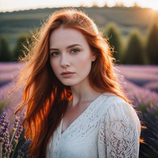 Red-haired woman in lavender field at sunset