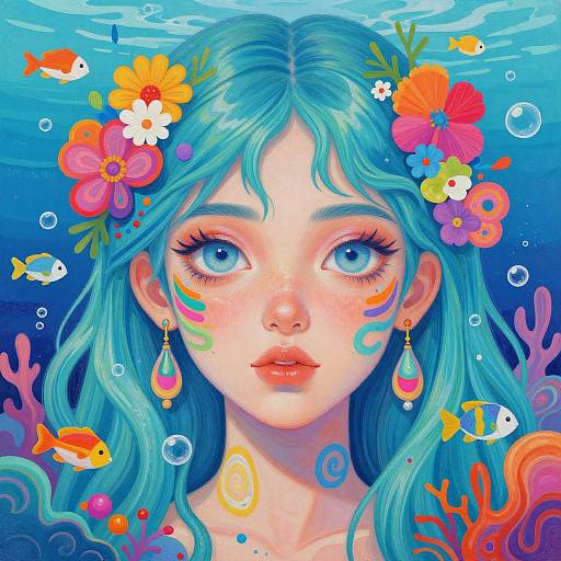 Digital art of a blue-haired girl with floral headpieces and colorful fish, wearing teardrop earrings, surrounded by vibrant underwater flora.