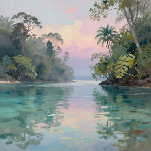 Digital painting of a tranquil, tropical river at sunset, reflecting lush palm trees, dense foliage, and a pastel pink and blue sky.