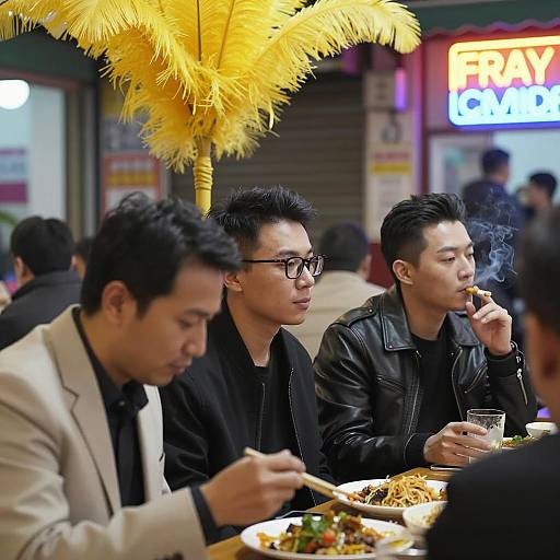 Busy Street Scene with Three Diners