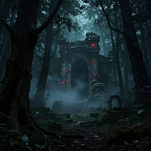 Mysterious, dark forest gate with red glowing lights, surrounded by mist, towering stone archway, and dense trees in a digital fantasy artwork.