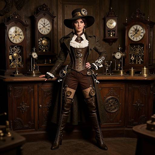 Steampunk woman in black corset, top hat, thigh-high boots, white ruffled shirt, standing confidently in dark wooden clock-filled room.