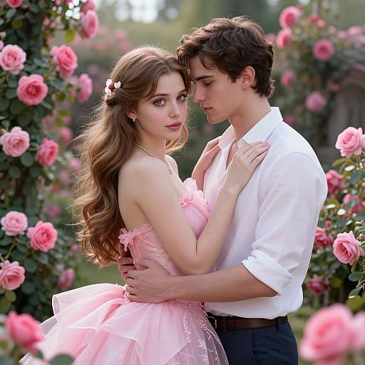 Photograph of a young couple in a romantic garden, with the woman in a pink, strapless, tulle dress and the man in a white