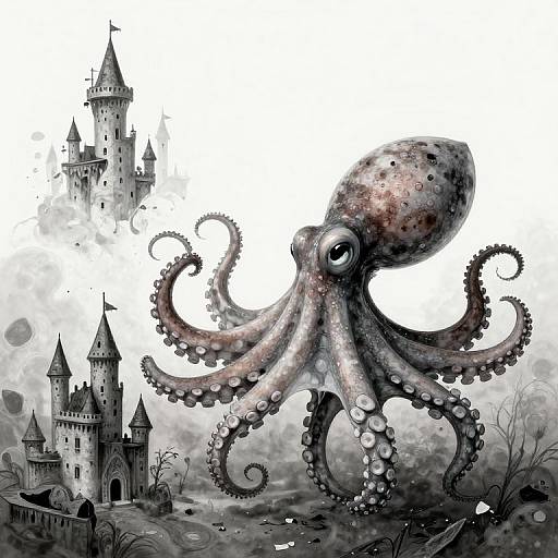 Digital illustration of a massive, detailed octopus with textured, spotted skin, hovering over a grayscale, gothic castle scene with multiple towers.