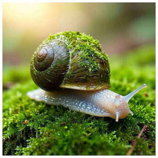 Close-up photograph of a snail with a green moss-covered shell, glistening on vibrant, textured moss, with a blurred forest background.