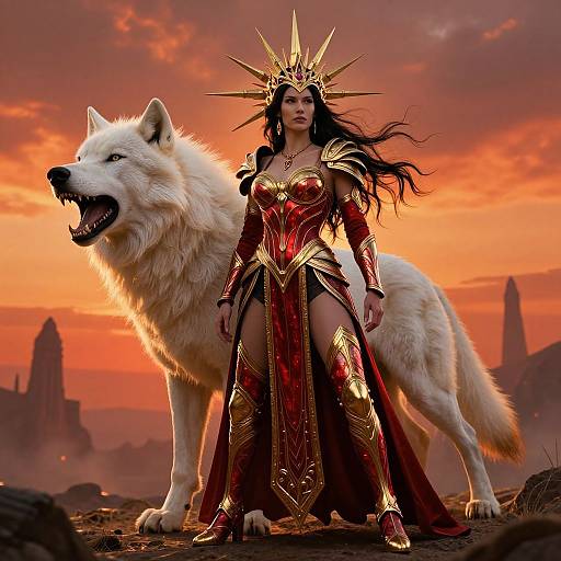 Digital artwork of a fierce, dark-haired queen in gold and red armor with a crown, standing beside a large white wolf against a fiery orange sunset.