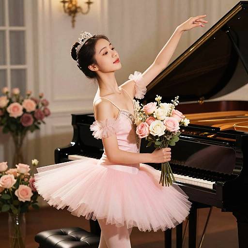 Ballet Dancer with Piano and Flowers