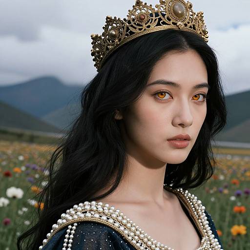 Photorealistic portrait of a young woman with fair skin, black hair, golden eyes, wearing an ornate gold crown and pearl-adorned black