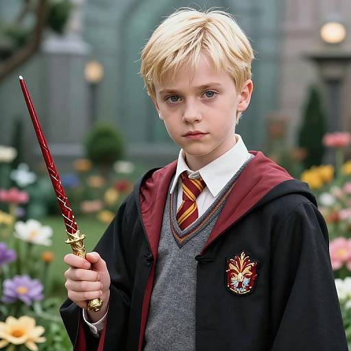 Photograph of a young blonde boy with blue eyes, wearing a Hogwarts robe, gray vest, red-striped tie, holding a wand, standing in a