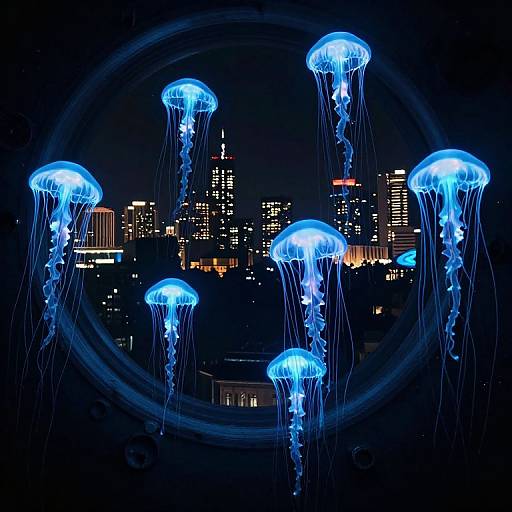 Photograph of glowing blue jellyfish in front of a dark city skyline with illuminated buildings at night, creating a striking contrast.