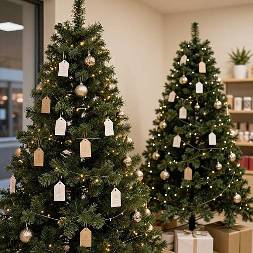 Photograph of two decorated Christmas trees with white tags, twinkling lights, and ornaments, in a brightly lit room with shelves.