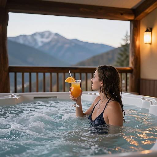 Photograph of a wet, dark-haired woman in a black swimsuit, holding an orange cocktail in a hot tub, mountain view, wooden porch,