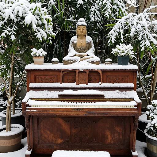 Serene Winter Scene with Buddha Piano