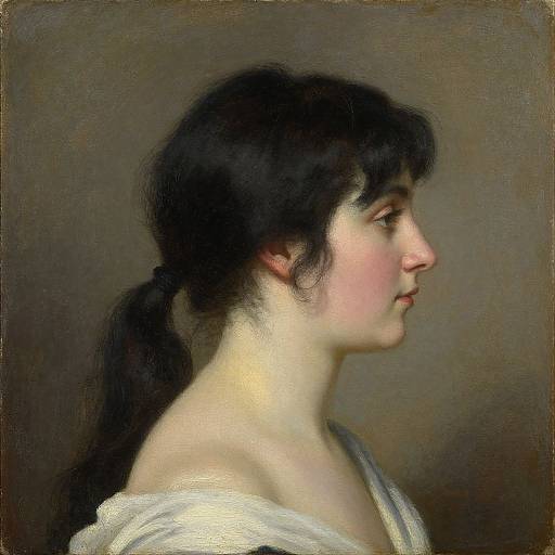 Realistic oil painting of a young woman in profile, dark hair in a ponytail, fair skin, white off-shoulder blouse, neutral background