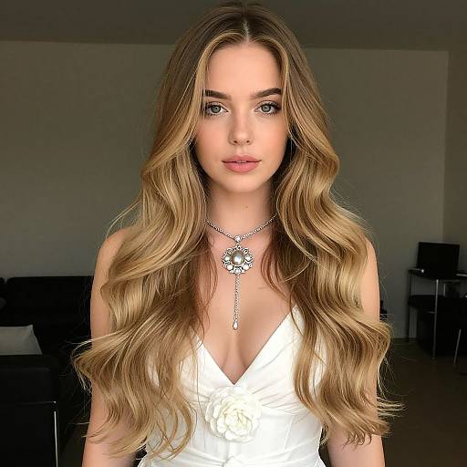 Photograph of a young woman with long, wavy blonde hair, wearing a white, low-cut top and a silver necklace, standing in a dim