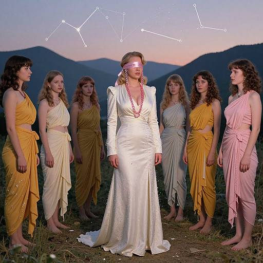Photograph of seven women in ancient Greek-style dresses, one blindfolded in white, standing in a field at sunset with constellation lines overhead. Mountains