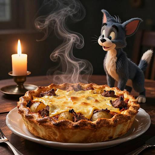 CGI image of Tom the Cat, blue and white, with wide eyes, standing beside a steaming, cheesy meat pie on a plate, candle