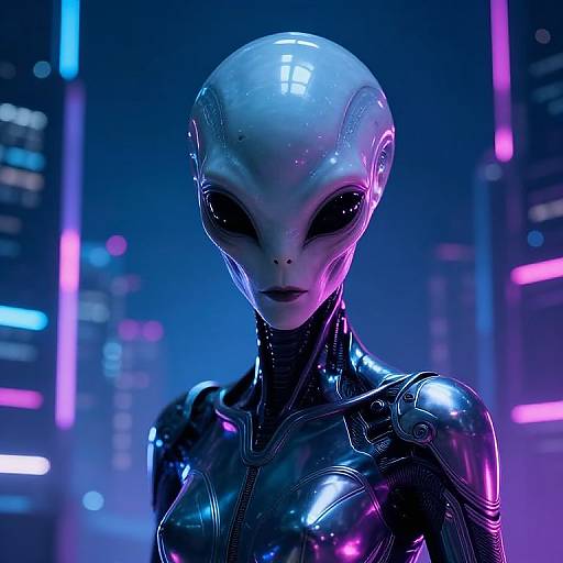 CGI image of a sleek, shiny, alien woman with a smooth, white, egg-shaped head and black, almond-shaped eyes, set against a