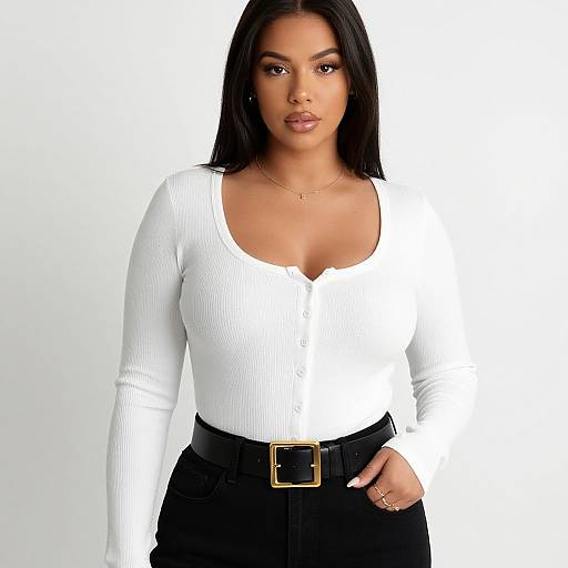 Photograph of a confident, dark-haired woman with medium brown skin, wearing a white ribbed long-sleeve top and black pants, belted