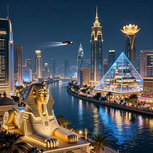 Photograph of a neon-lit, futuristic Dubai skyline at night, featuring a glowing Anubis statue by the waterfront, illuminated skyscrapers,