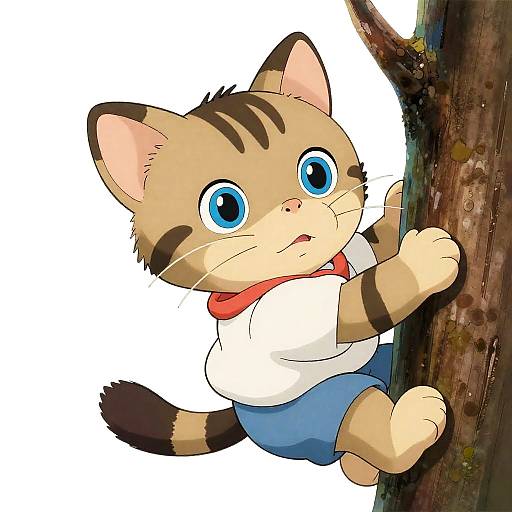 Ghibli-Style Sporty Tabby Kitten Climbing Tree
