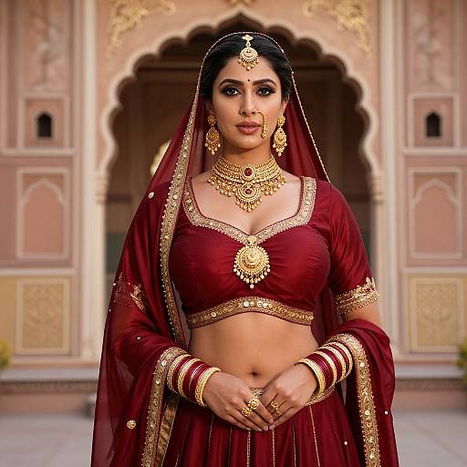 Photograph of a beautiful South Asian woman in a red traditional lehenga, gold jewelry, and veil, standing in front of ornate, pink and