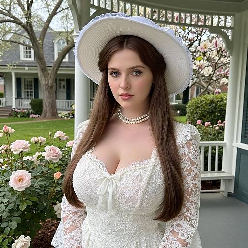 Photograph of a fair-skinned woman with long brown hair, wearing a white lace dress, pearl necklace, and wide-brimmed hat, standing