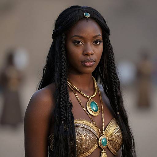 Photograph of a beautiful African woman with dark skin and long braids, wearing an ornate gold and turquoise necklace, standing in a blurred outdoor setting