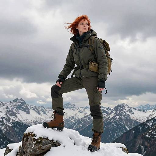 Heroic Redhead Explorer on Snowy Peak