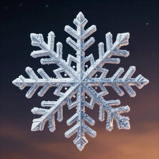 Photograph of a detailed, sparkling ice crystal snowflake against a dark blue to orange gradient background, highlighting its intricate, symmetrical structure.