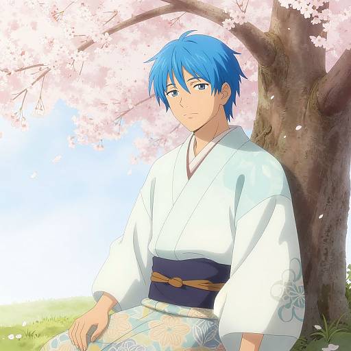 Blue-Haired Anime Man by Cherry Blossom Tree