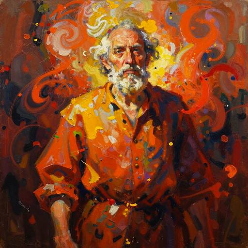 Vibrant, abstract painting of an elderly man with a white beard, wearing an orange shirt, surrounded by swirling red, yellow, and black flames