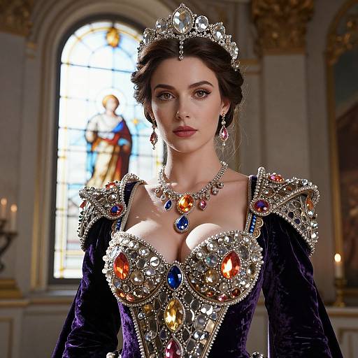 Photorealistic digital artwork of a fair-skinned, dark-haired queen with large breasts, wearing an ornate, jewel-encrusted, deep