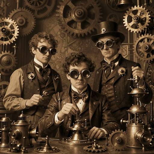 Steampunk trio in vintage suits, top hats, goggles, and bow ties, tinkering with brass gears and teapots, sepia-ton