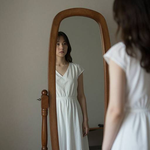 Photograph of an Asian woman with long black hair, wearing a white dress, standing in front of a wooden-framed mirror, reflecting her serious expression