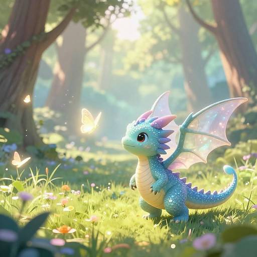 Adorable blue dragon with translucent wings and purple spikes stands in a sunlit forest, watching a glowing butterfly. Digital art.