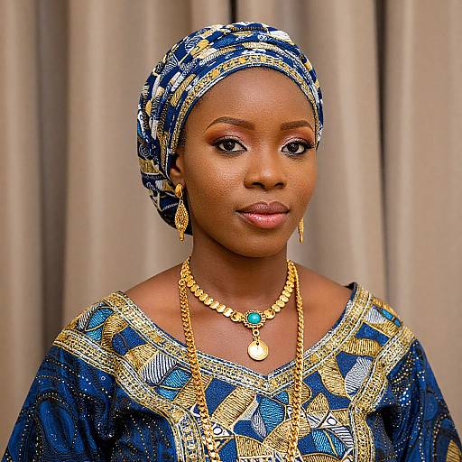Photograph of an elegant African woman with dark skin, wearing a blue and gold patterned headwrap, matching dress, gold jewelry, and teal pendant