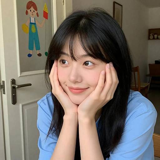 Asian Woman in Blue Shirt Smiling Indoors