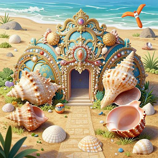 Vibrant digital artwork of an ornate, seashell-adorned beach hut with large conch shells, turquoise arches, and a