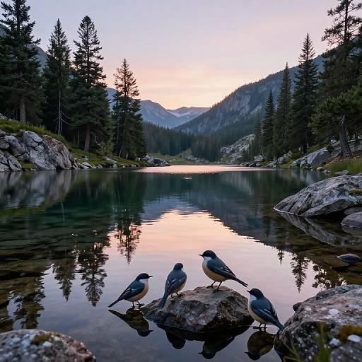 Photograph of five birds perched on rocks in a serene mountain lake, reflecting pine trees and a pink-orange sunset sky.
