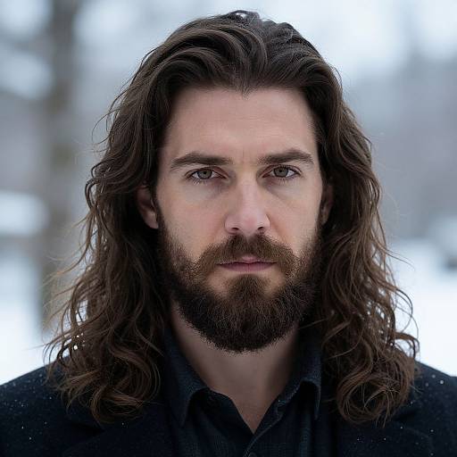 Photograph of a serious, bearded Caucasian man with long, wavy brown hair and green eyes, wearing a black shirt, against a blurred white