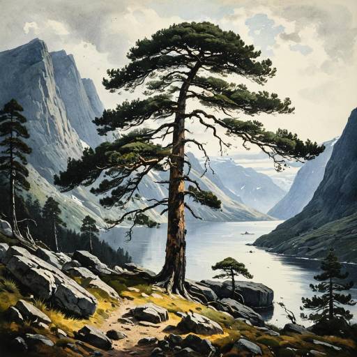 Watercolor Painting of Pine Tree in Norwegian Fjords