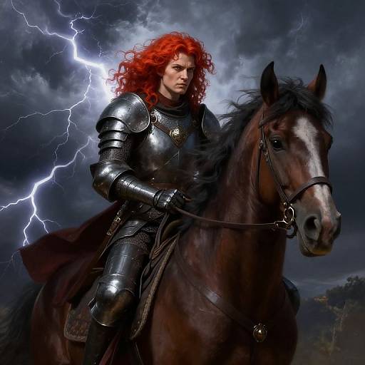 Digital artwork of a red-haired knight in shiny black armor riding a dark brown horse, with a lightning bolt in a stormy sky backdrop.