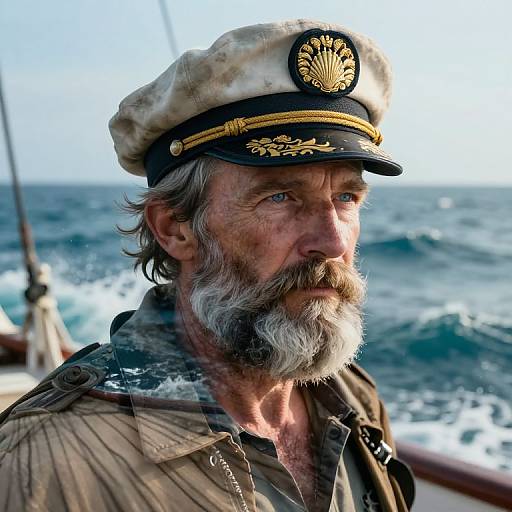 Photograph of a weathered, gray-bearded sailor in a worn, white naval cap with a gold emblem, standing on a ship at sea,