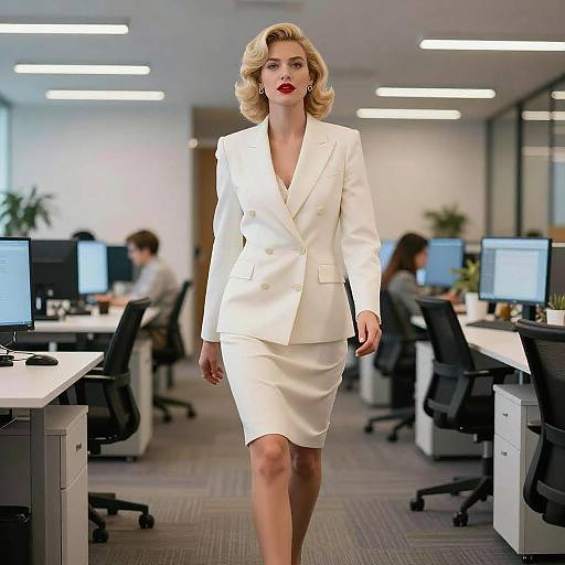 Blonde Executive in All-White Power Suit